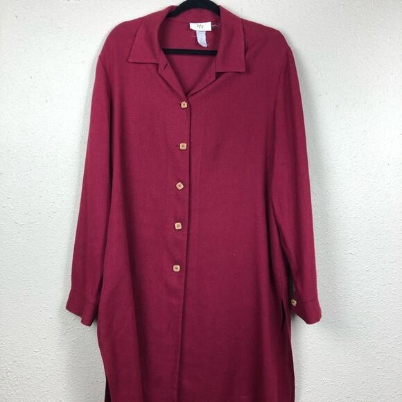 Vintage Burgundy Button Front Dress Tunic XL Wood Linen Midi Lagenlook Tofy - Picture 1 of 7